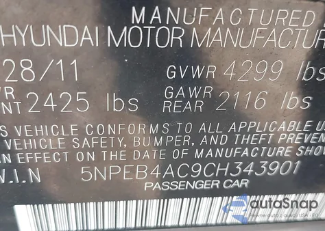 2012 Hyundai Sonata Gls z USA, uszkodzony, nr VIN 5NPEB4AC9CH343901